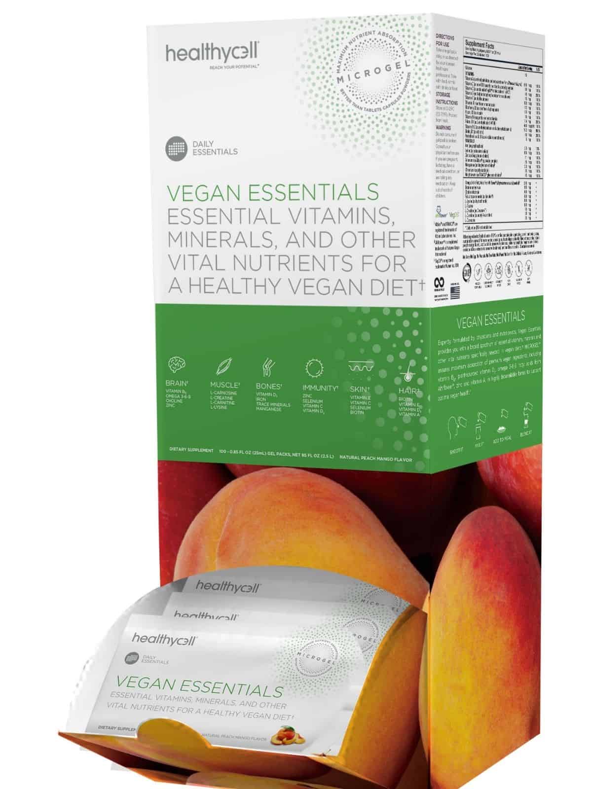 Healthycell vegan essentials packets in box. 