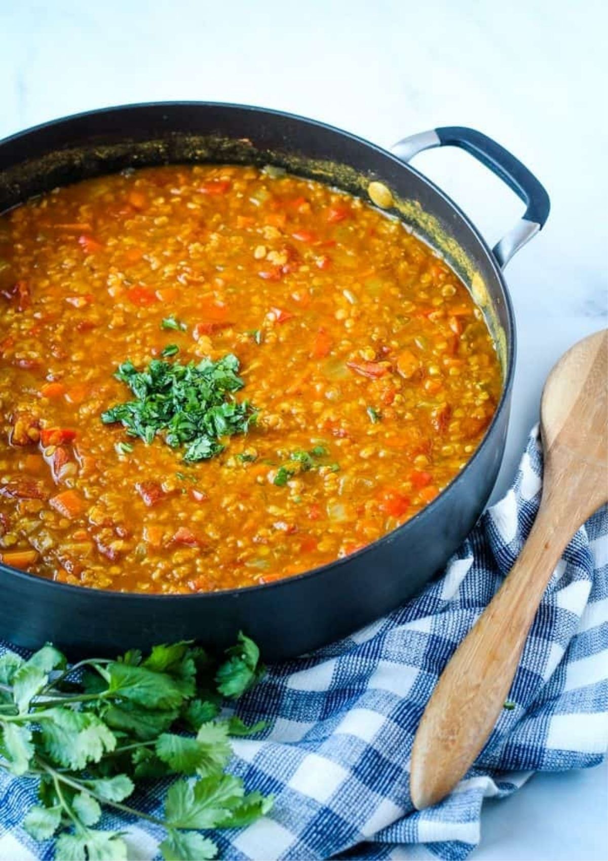Saucepan of curried lentils with fresh cilantro, wooden spoon and dish towel. 