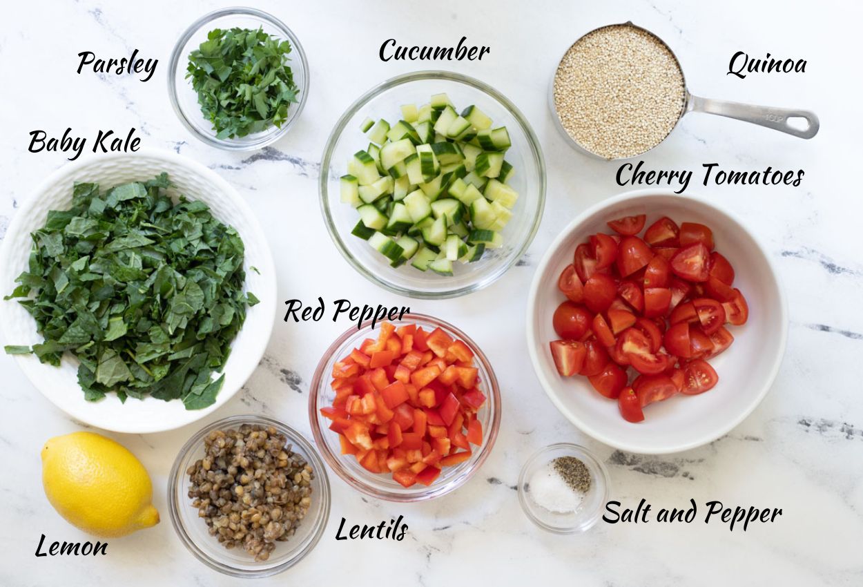 Parsley, kale, cucumber, quinoa, cherry tomatoes, salt, pepper, red bell pepper, lentils, lemon.