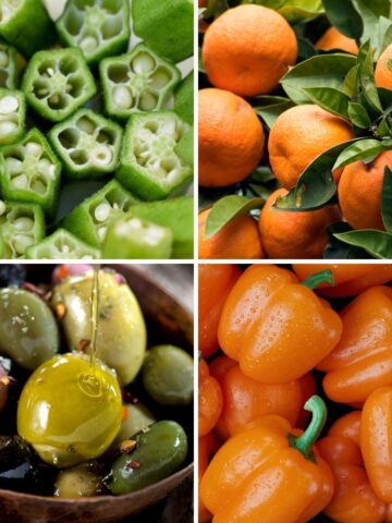 Foods that start with O, okra, oranges, olives, orange peppers.