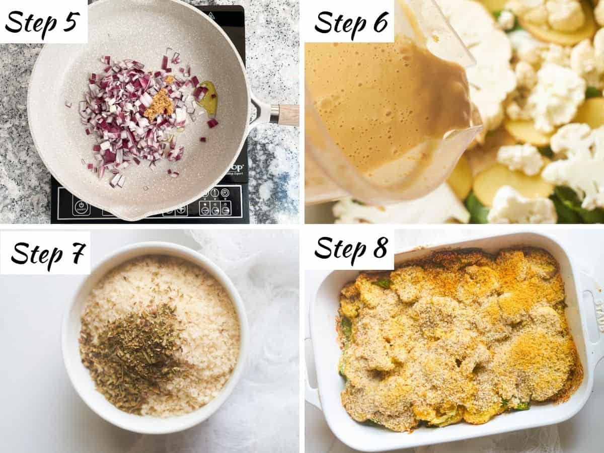 Steps 5-8 of making vegan potato casserole: sauteed onions, pouring sauce, combining breadcrumbs, baked casserole. 
