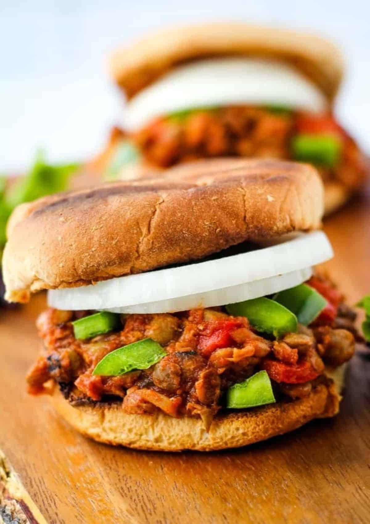 Close up of vegan sloppy joe sandwich.