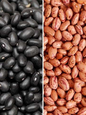 Close up of black beans and pinto beans.