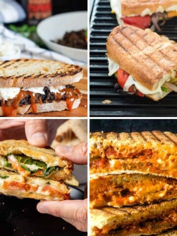 Panini sandwiches (pulled vegan pork, cheese and veggie, pizza, and roasted veggie).
