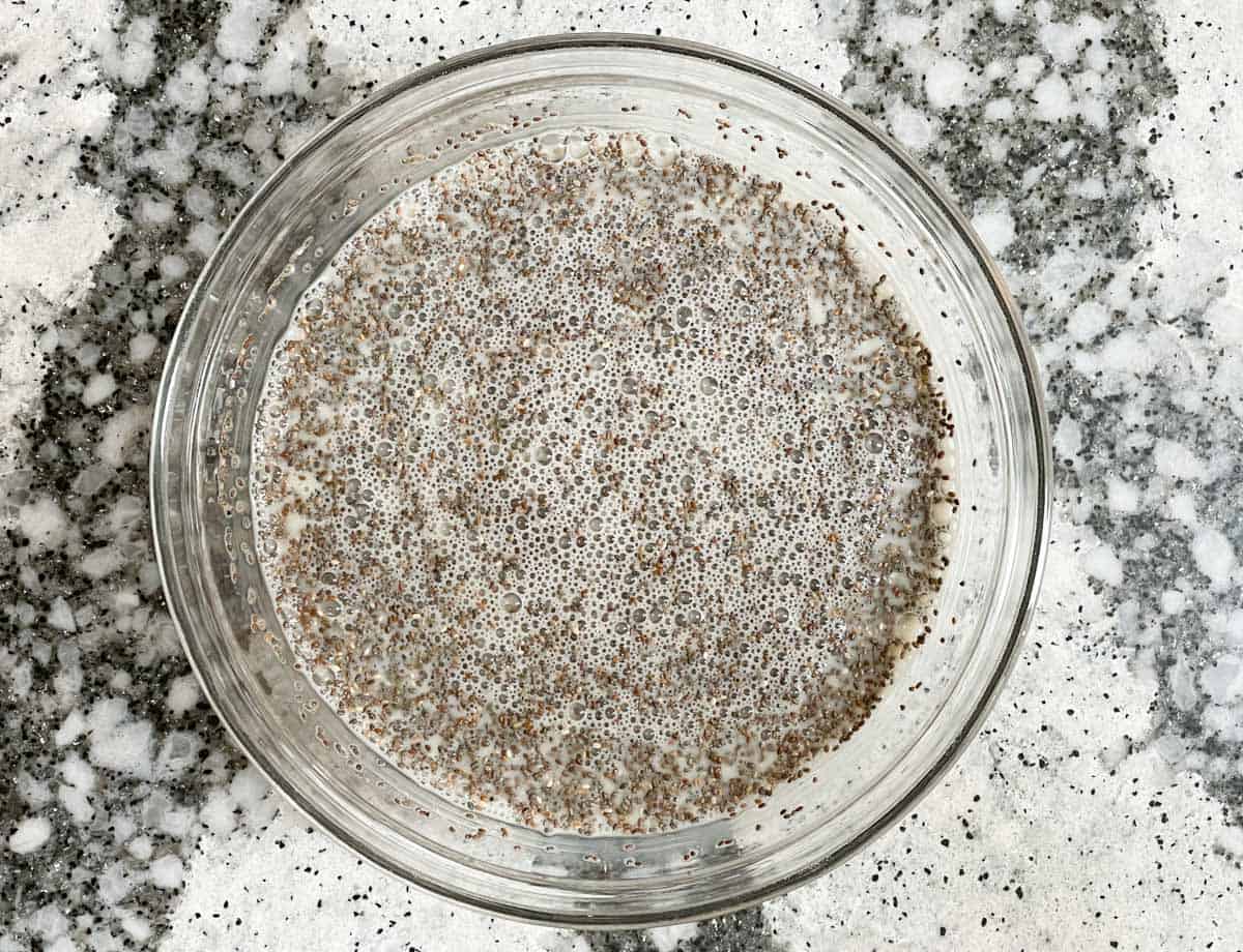 Chia seeds whisked together with almond milk.
