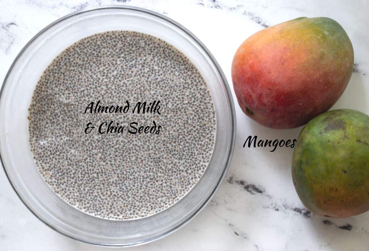 Almond milk whisked together with chia seeds, and two mangoes. 