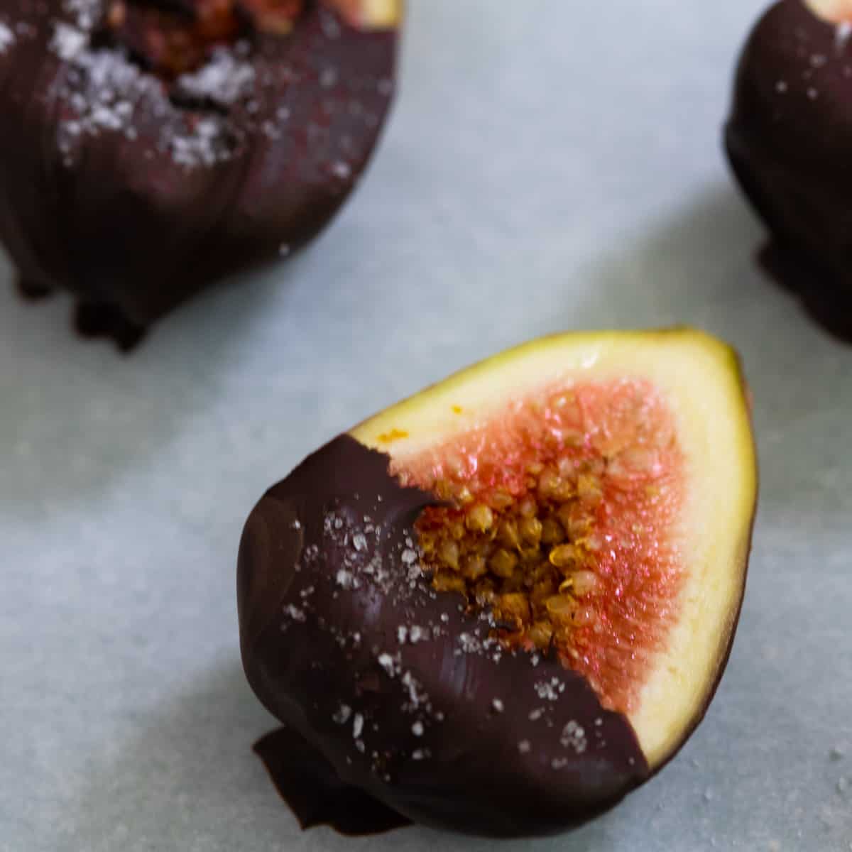 Fig half dipped in chocolate. 
