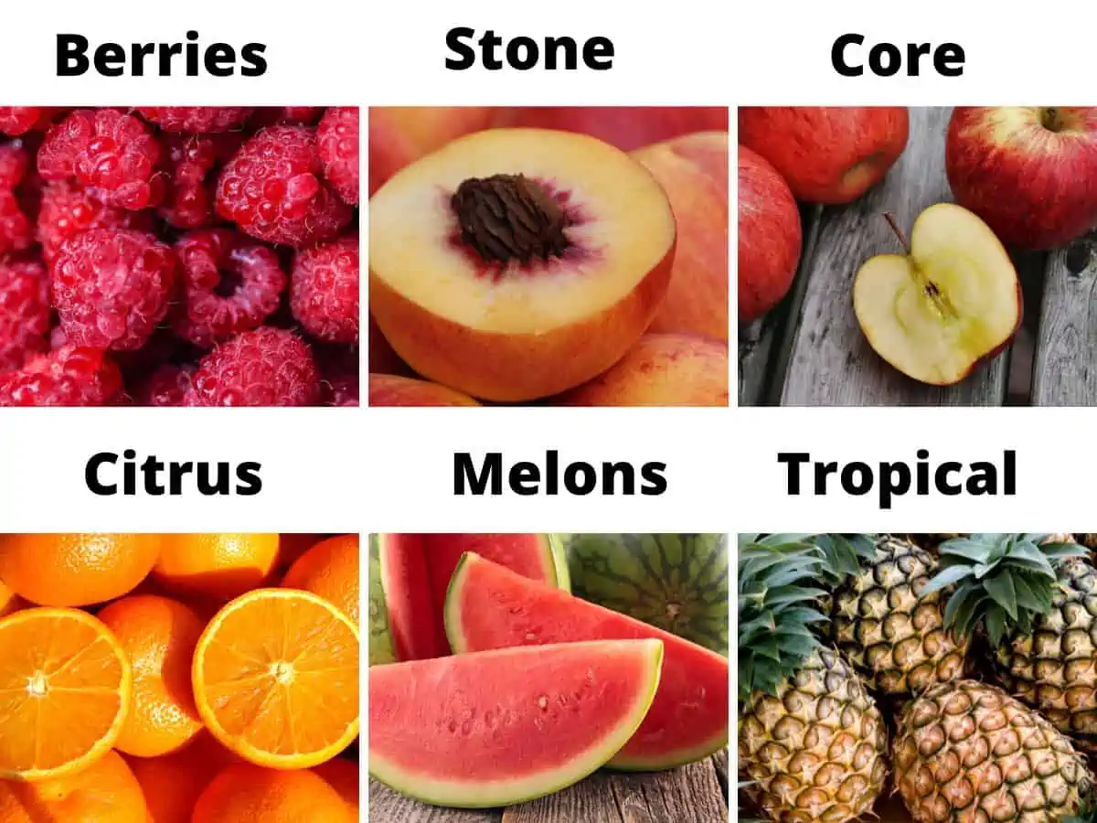 Categories of fruit: raspberries, peach, apple, orange, watermelon, tropical. 
