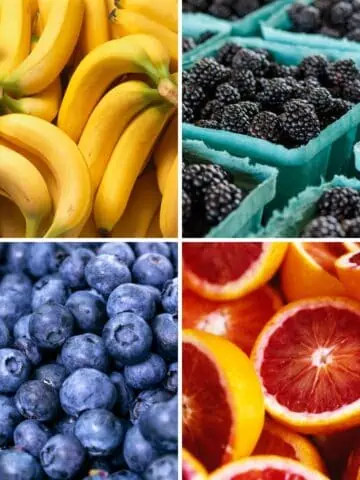 Collage of fruits: bananas, blackberries, blueberries, and blood oranges.