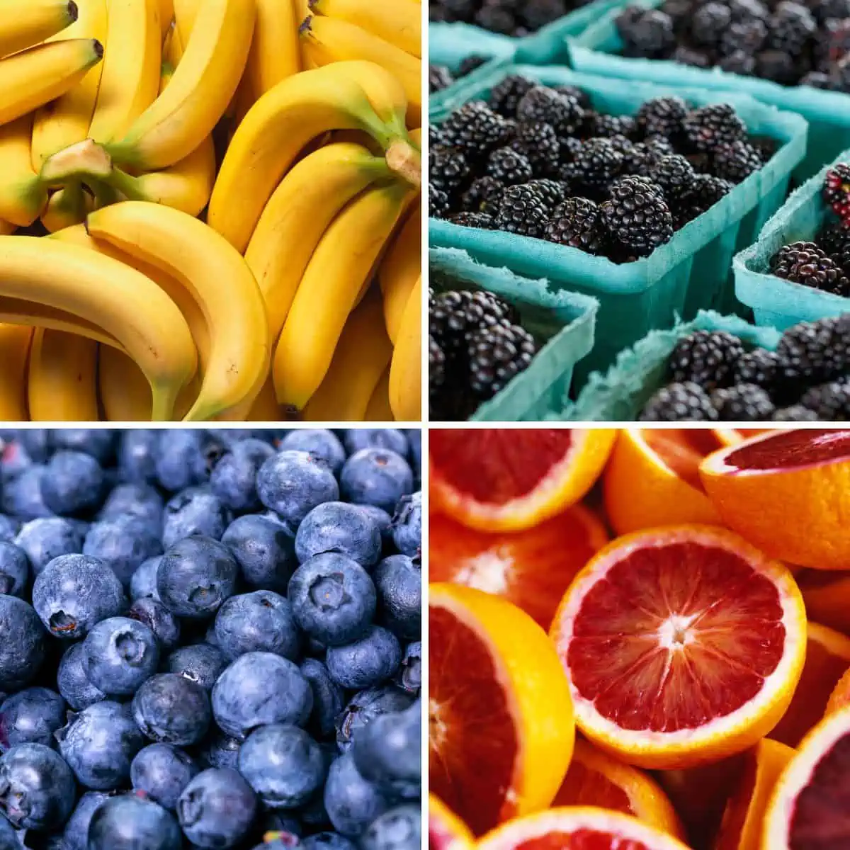 Collage of fruit: bananas, blackberries, blueberries, blood oranges.
