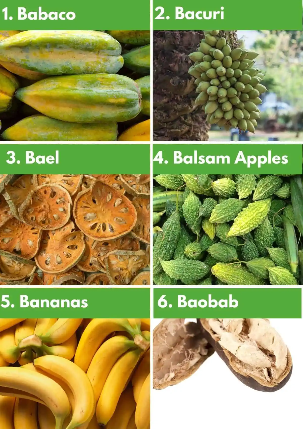 Collage of fruits that start with B: babaco, bacuri, bael, balsam apples, bananas, baobab. 