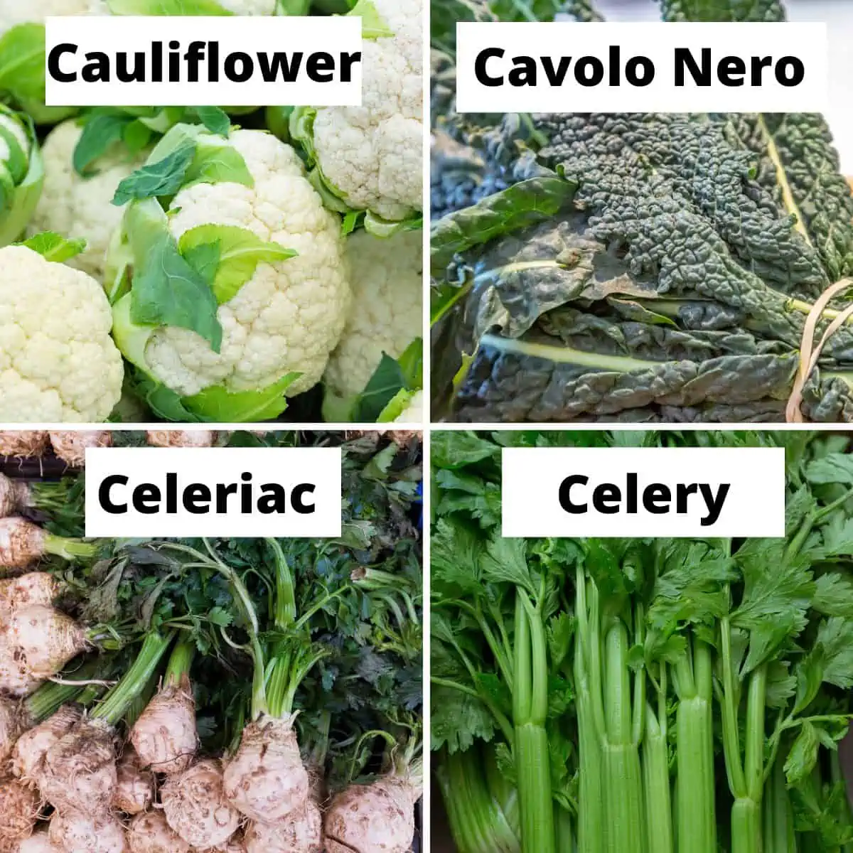 Vegetables that start with C: cauliflower, cavolo nero, celeriac, celery.
