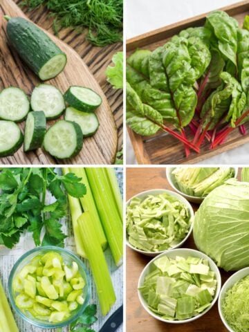 Vegetables that Start with C including cucumbers, chard, celery, and cabbage.