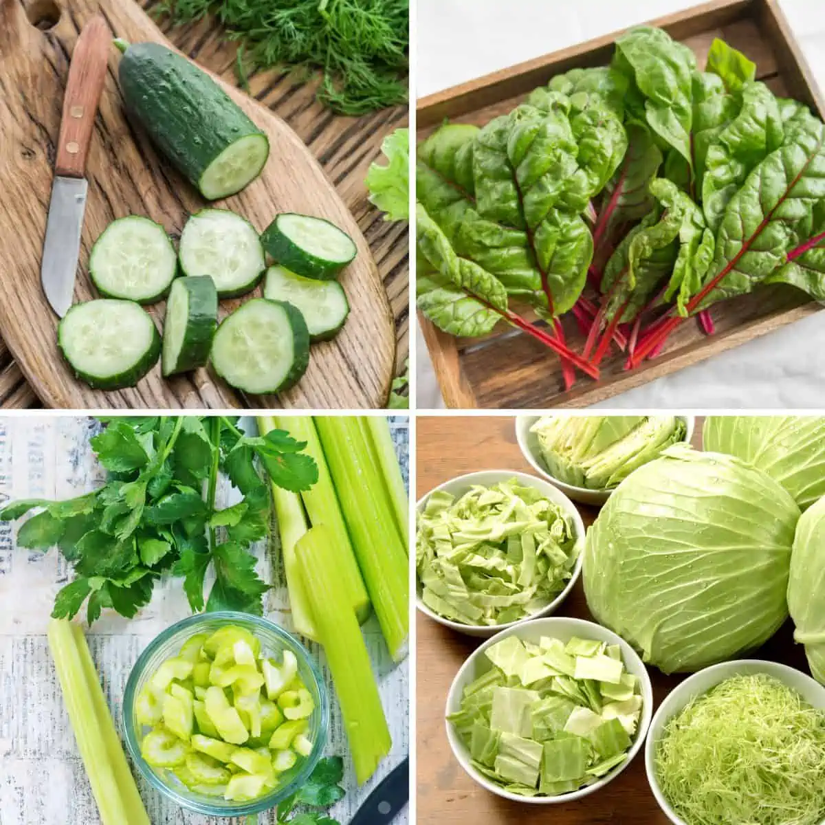 Vegetables that Start with C: cucumbers, chard, cabbage, celery.
