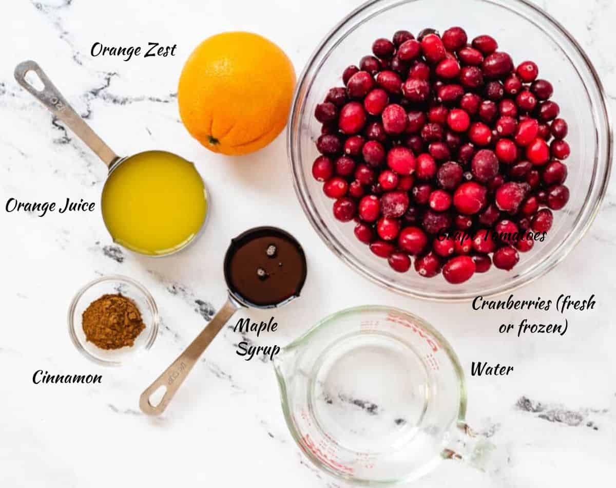 The ingredients needed to make a vegan Cranberry Sauce. 