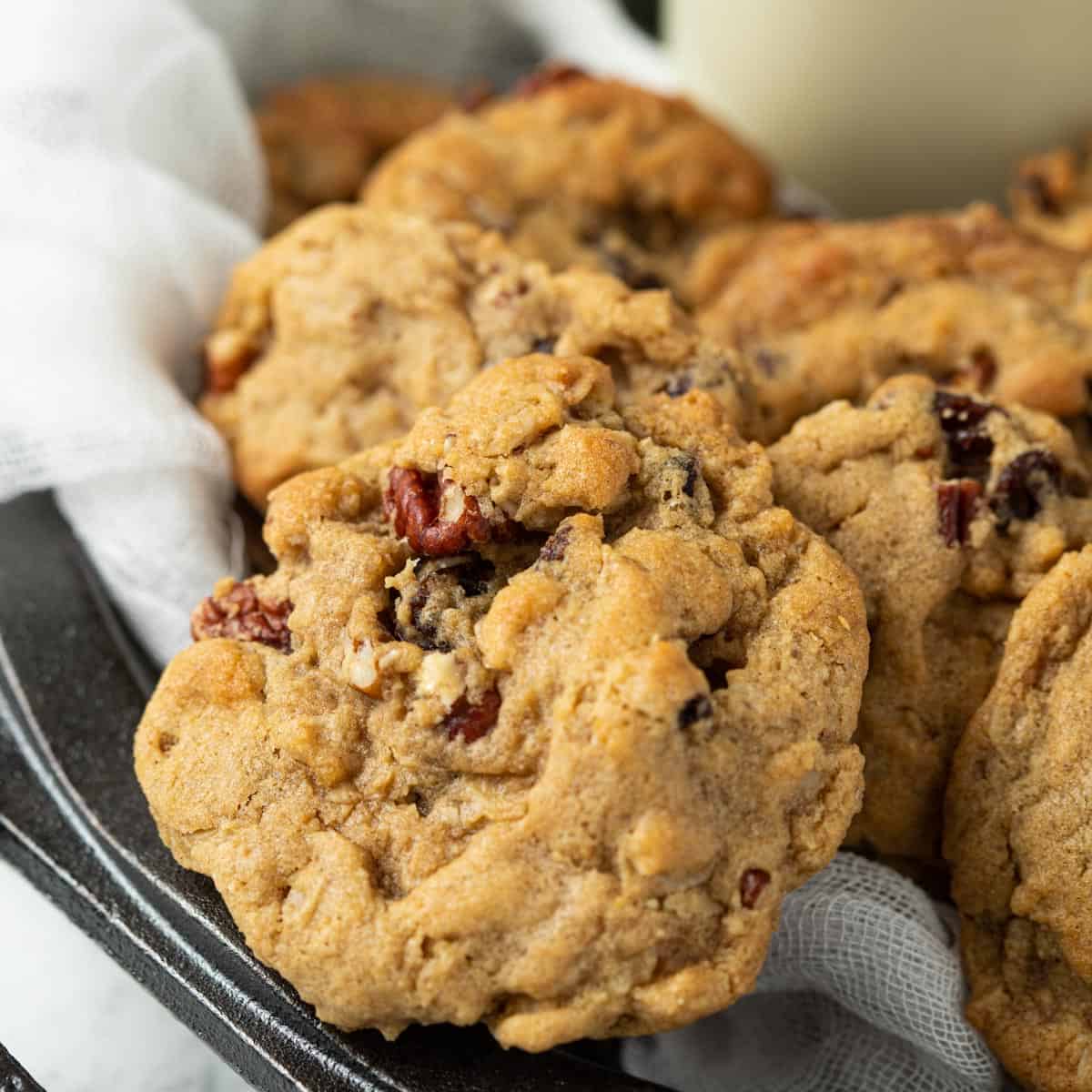 Close-up of vegan oatmeal raisin cookies.