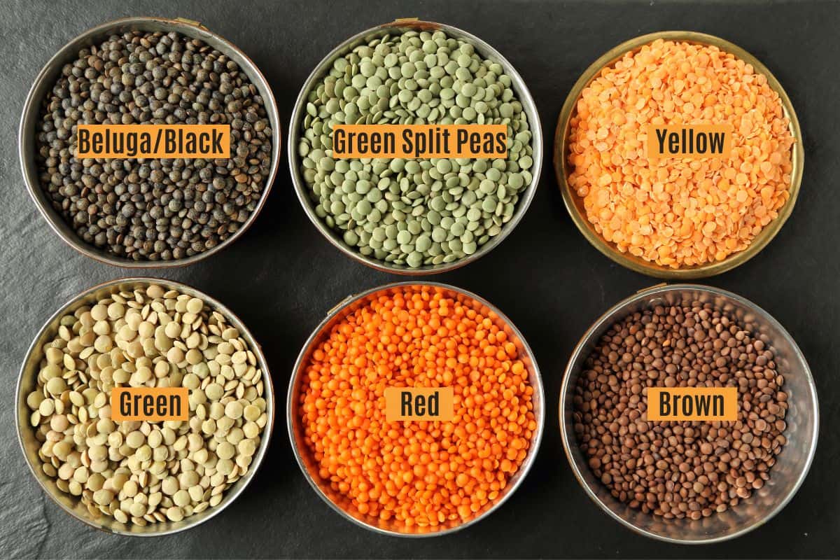 Black, green, red, brown, and yellow lentils,