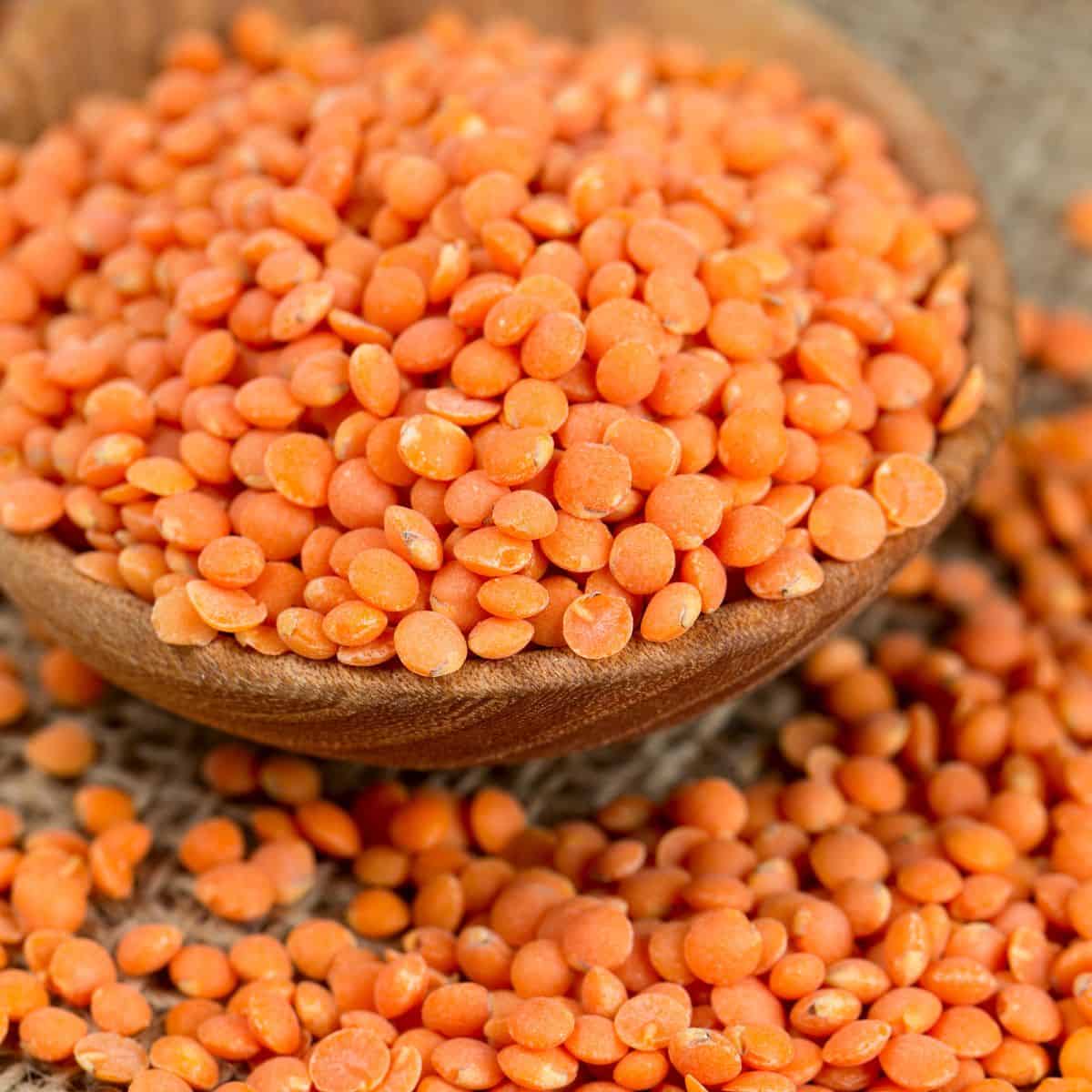 Red lentils in wood bowl.