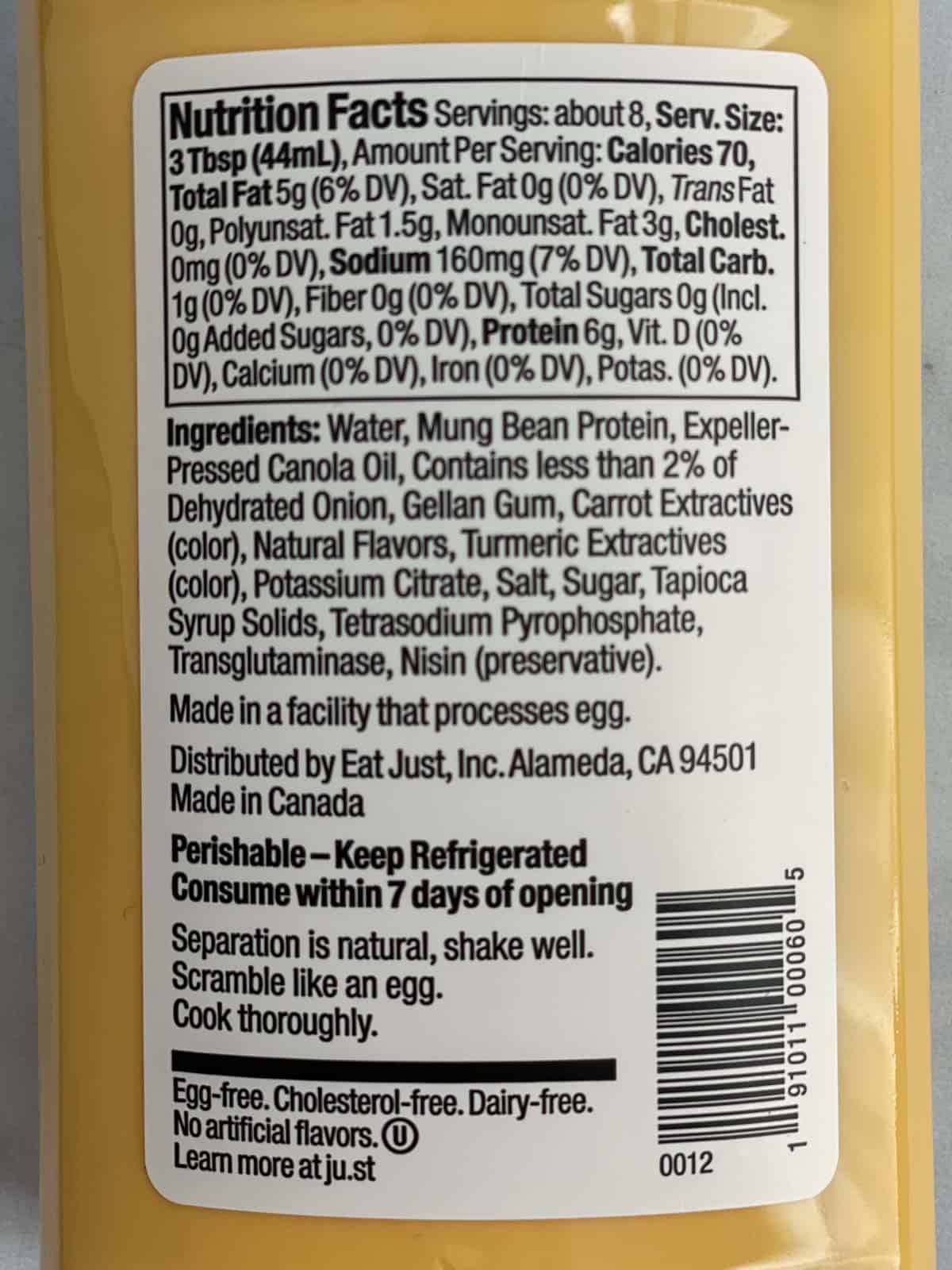 Just eggs nutrition and ingredient label.
