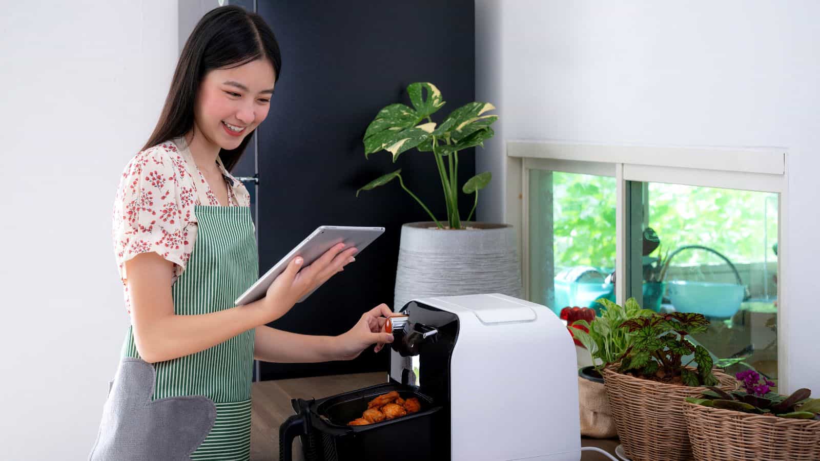 Woman setting temperature on air fryer.
