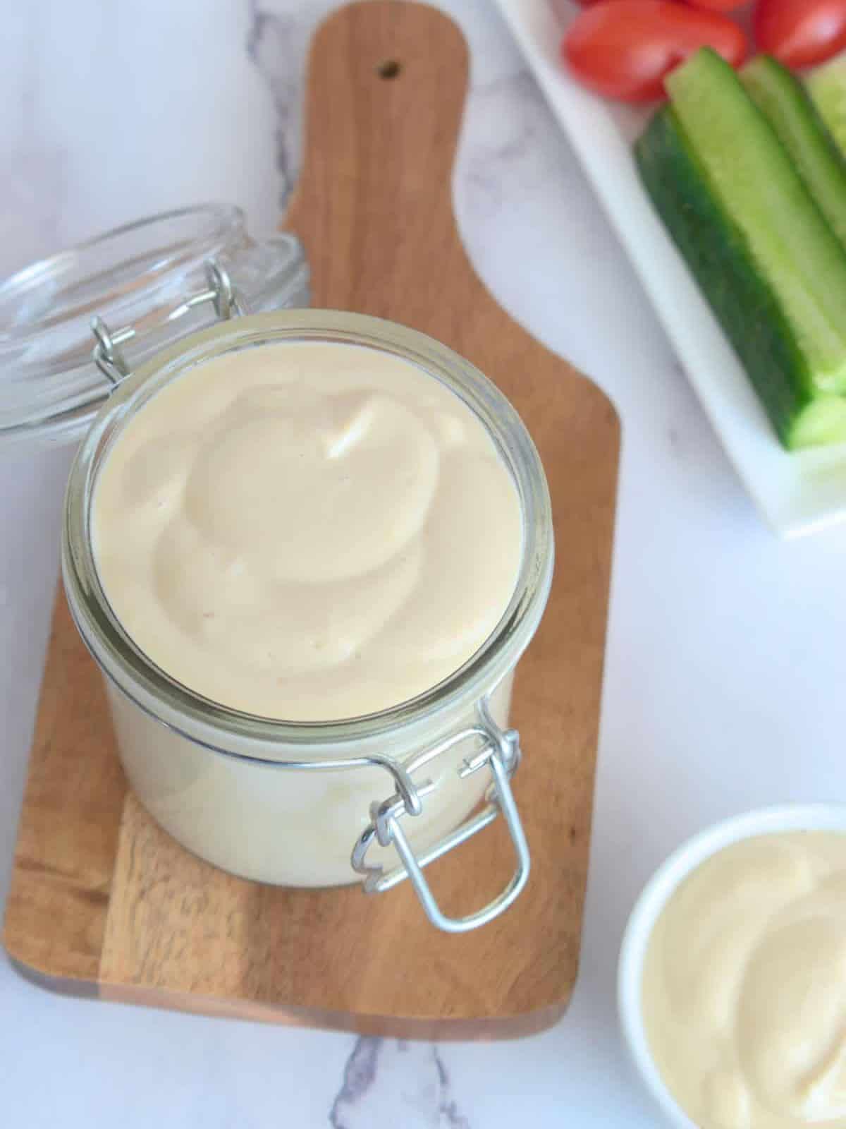 Vegan mayo in jar. 
