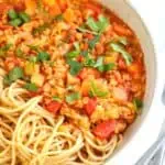 Vegan lentil bolognese served with spaghetti.