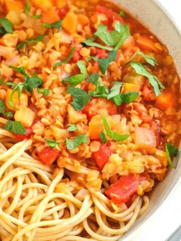 Vegan lentil bolognese served with spaghetti.