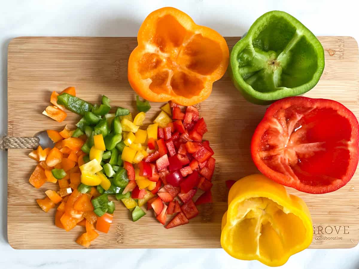 Bell peppers with tops cut off and diced.