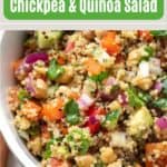Close up of chickpea quinoa salad in bowl.