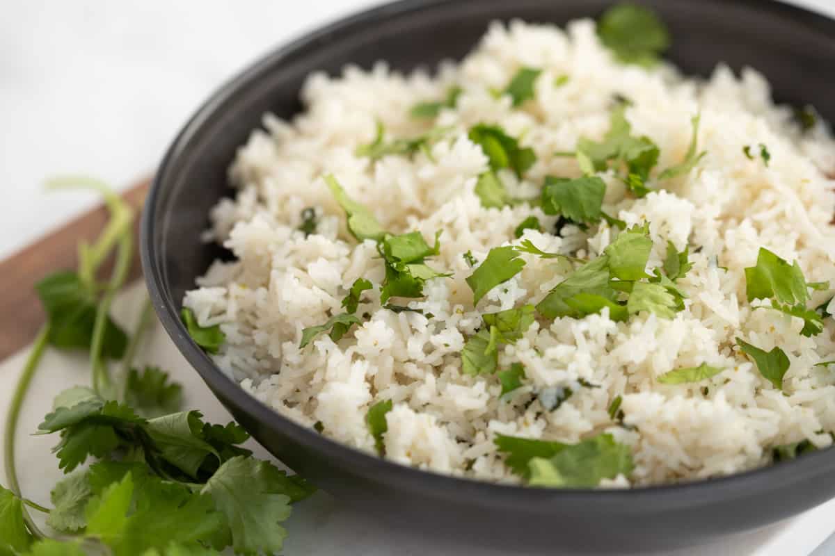 Cilantro lime rice in black bowl. 
