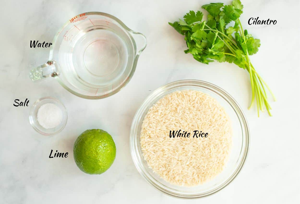 White rice, lime, cilantro, water, salt. 