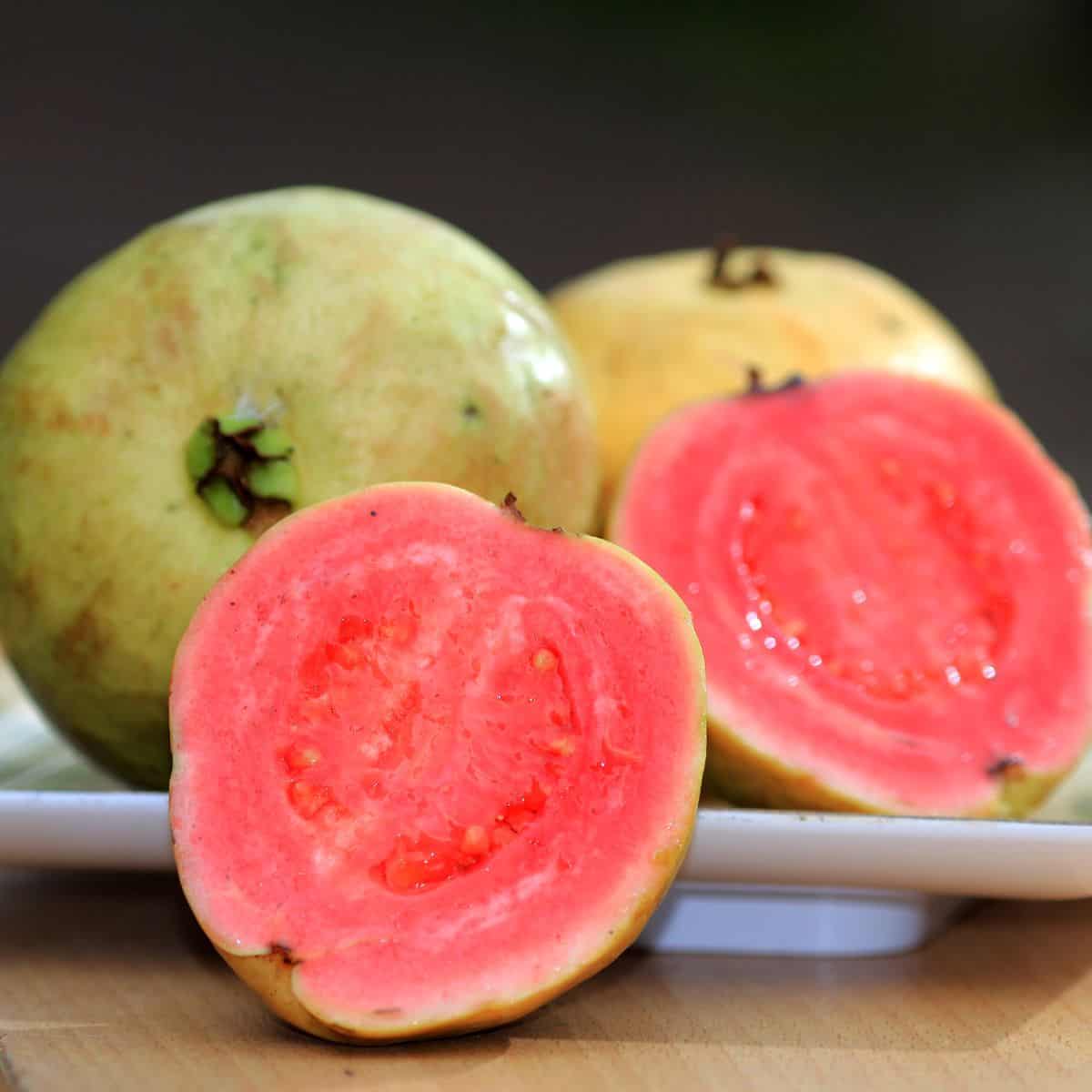 Strawberry guava cut in half. 