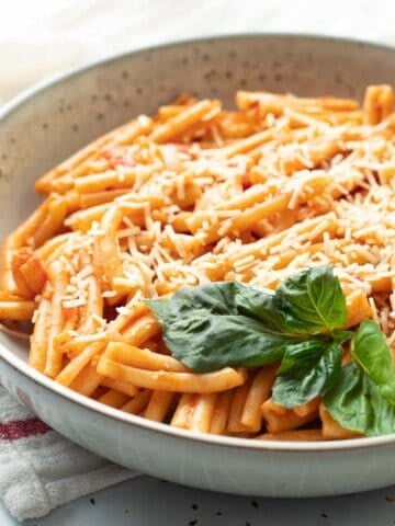 Casarecce pasta in wide bowl served with basil.