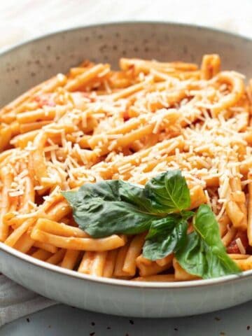 Casarecce pasta in wide bowl served with basil.