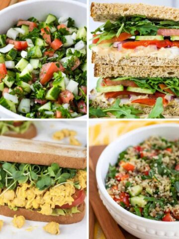 Vegan Picnic Ideas collage: cucumber salad, hummus sandwich, chickpea sandwich, quinoa salad.