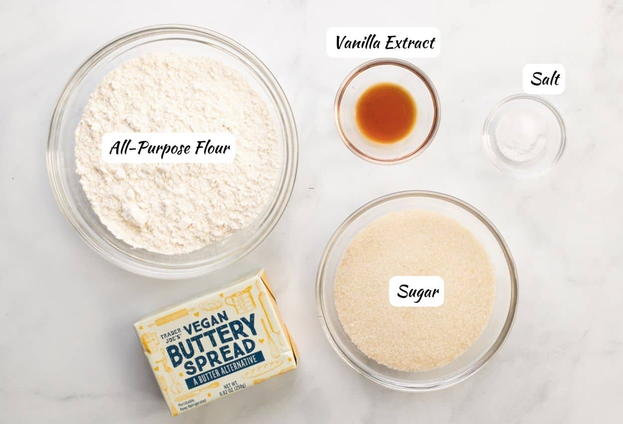 Shortbread crust ingredients: all-purpose flour, vegan butter, sugar, salt, and vanilla extract.
