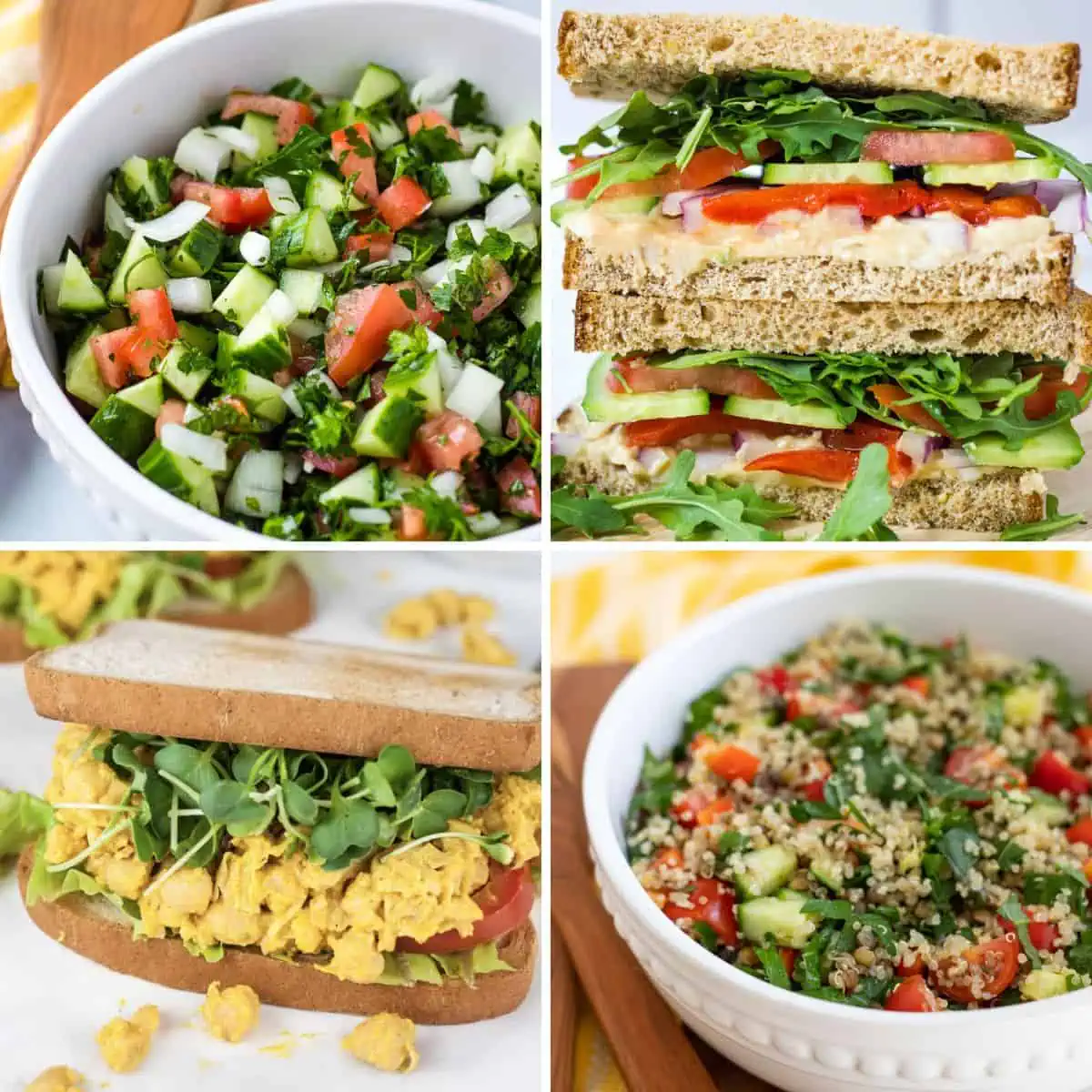 Vegan Picnic Ideas Collage: cucumber salad, hummus sandwich, chickpea sandwich, quinoa salad.
