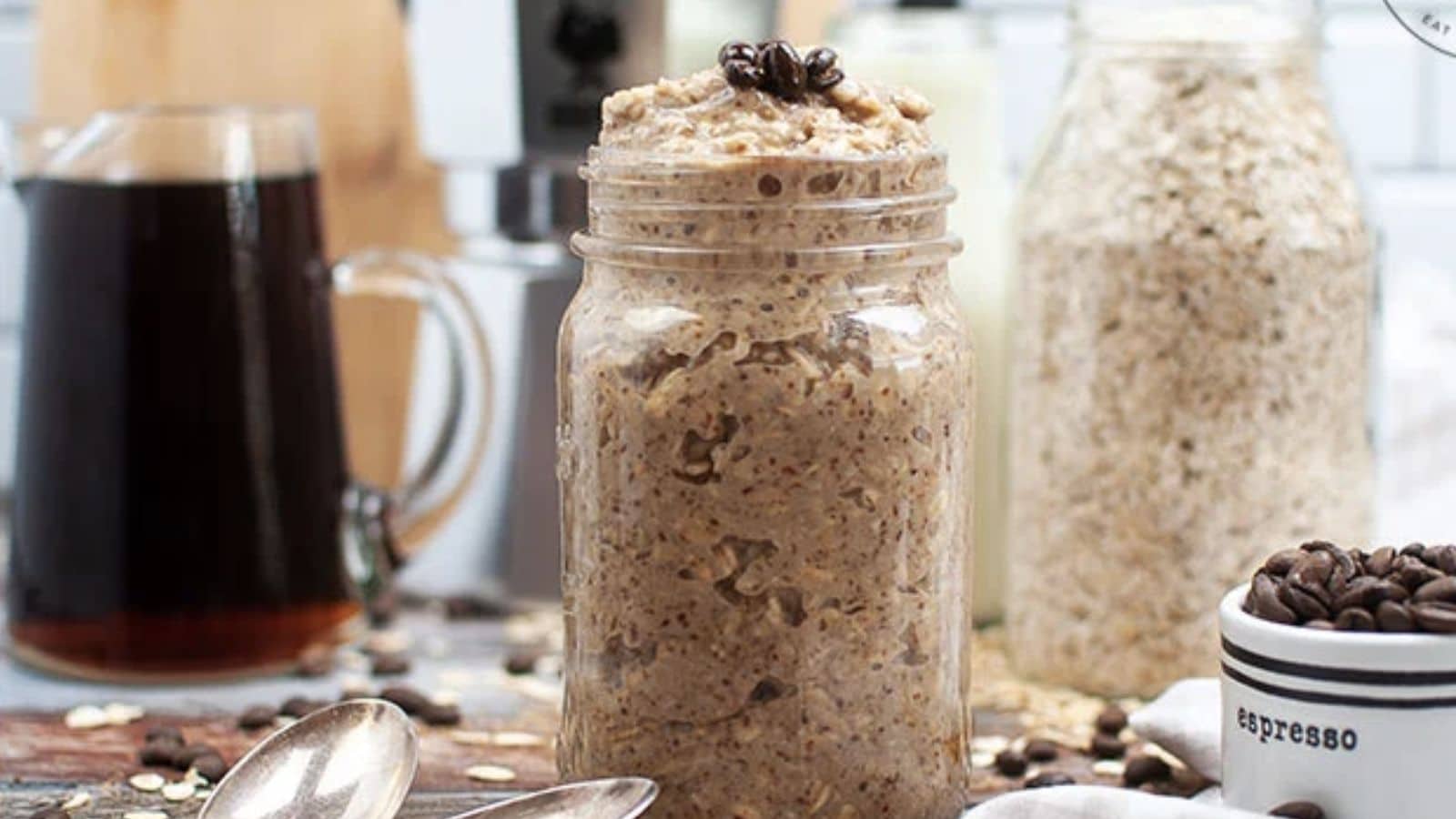 Coffee overnight oats in a mason jar.
