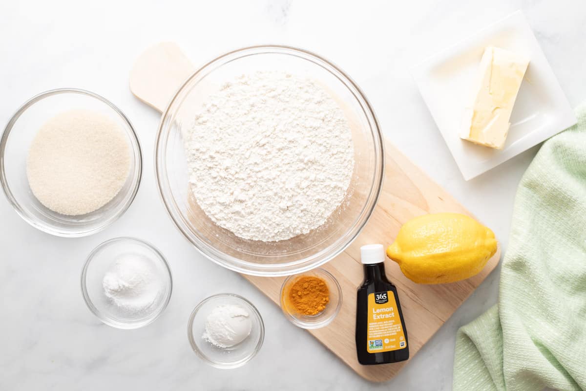 Ingredients for Vegan Lemon Cookies: Cane sugar, flour, butter, lemon, lemon extract, turmeric, cornstarch, baking powder and salt.