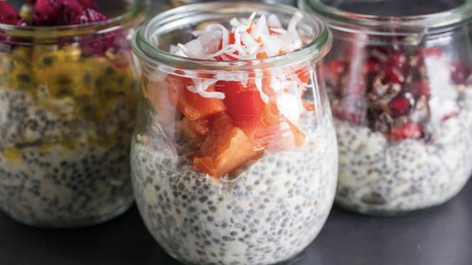 Three jars filled with chia overnight oats.

