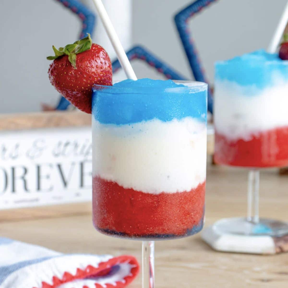 Red, white, and blue slushie drink.