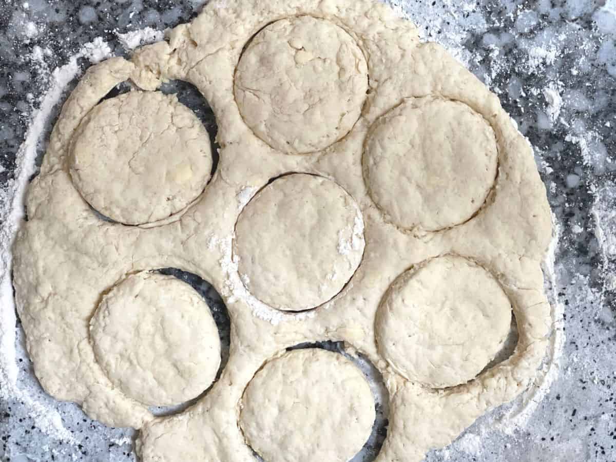 Flattened biscuit dough with 6 rounds cut out.