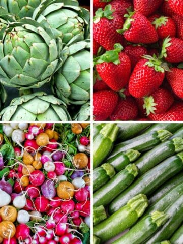 June Produce: artichoke, strawberries, radishes, zucchini.