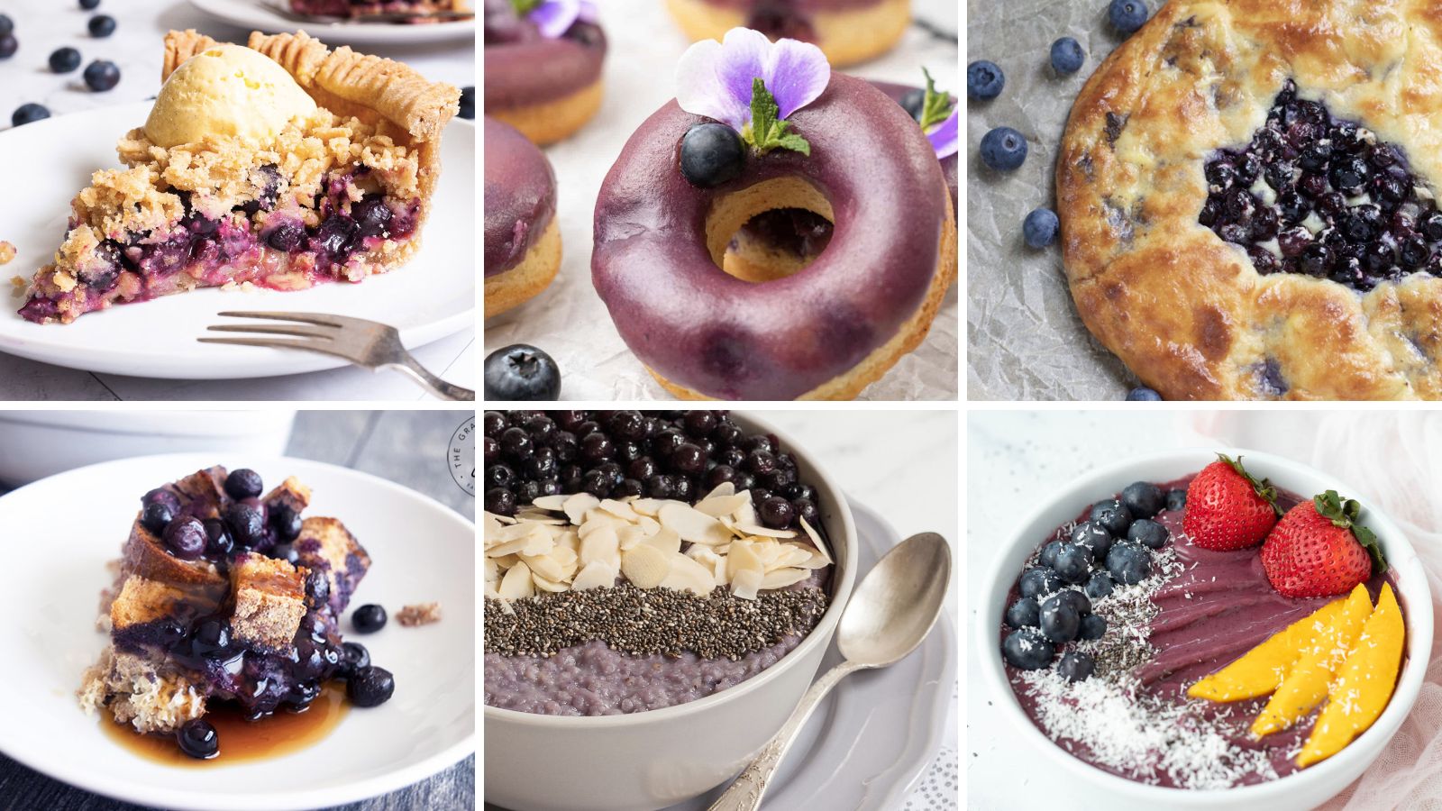 Blueberry pie slice, blueberry donut, blueberry galette, blueberry french toast, blueberry porridge, blueberry smoothie bowl.