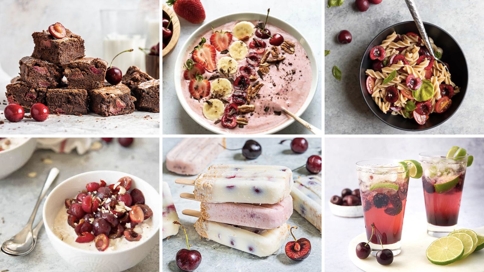 Cherry Recipes Collage: cherry brownies, cherry smoothie bowl, cherry caprese salad, cherry oats, cherry bars, cherry drink.