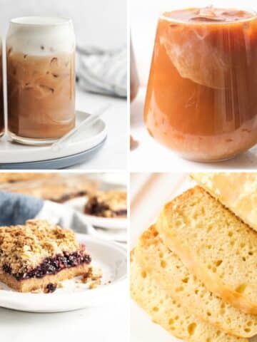 Copycat Starbucks Recipes: cold brew, almond milk latte, cherry bars, lemon loaf.