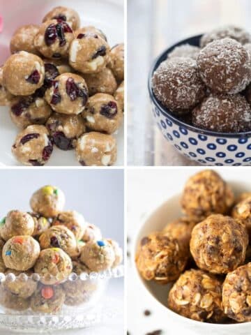Energy Bites Collage: cranberry white chocolate balls, chocolate coconut balls, trail mix balls, vegan protein balls.