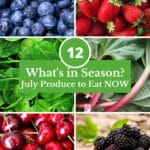 July produce: blueberries, strawberries, spinach, rhubarb, cherries, blackberries.