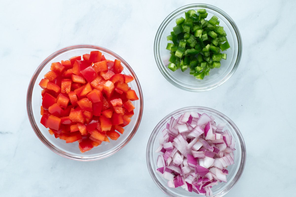 Diced red pepper, red onion, and jalapeño pepper.
