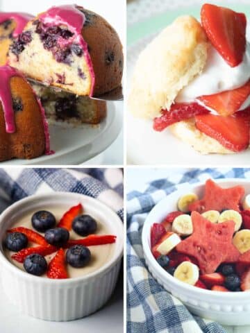 Collage of Red, White, and Blue recipes: blueberry cake, strawberry shortcake, fruit salad.